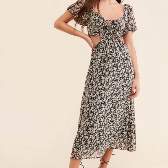 Floral Cutout Midi Dress in Black with Pink Flowers - Picture 3 of 3